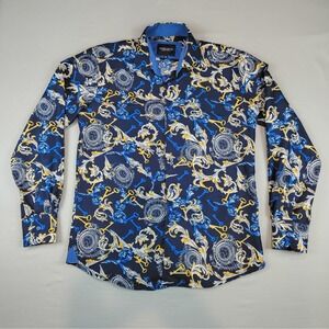 Azaro Uomo Men's M Button Down Shirt Blue Baroque Keys Blue Yellow Rayon Blend